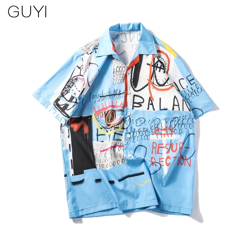 

GUYI 2019 Hip Hop Shirt Streetwear Men Hawaiian Shirt Graffiti Print Harajuku Beach Shirt Hip Pop Shirts Summer Thin Tops 2019