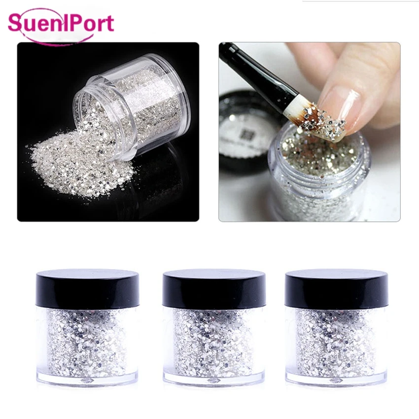 Sune l порт 1 бутылка серебряные блестки для ногтей блестки для украшения дизайна ногтей 0,2 мм 0,4 мм 1 мм Смешанная мерцающая пудра для макияжа