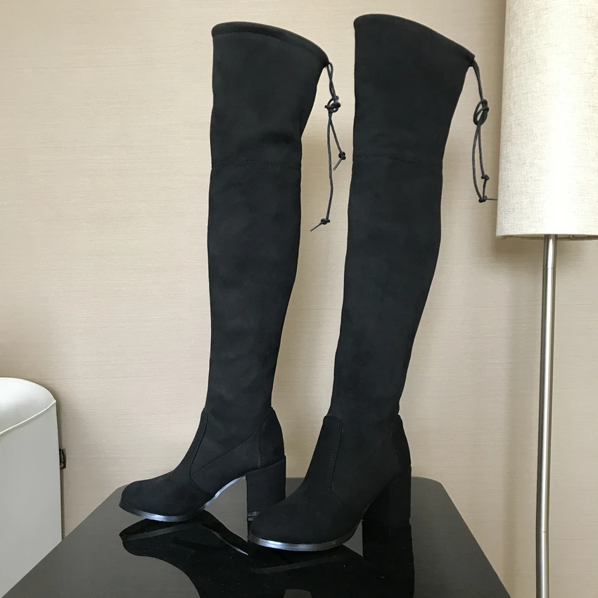 Женские зимние сапоги выше колена из искусственной замши женские черные замшевые кожаные сапоги женская обувь на высоком каблуке 7,5 см высокие сапоги до бедра
