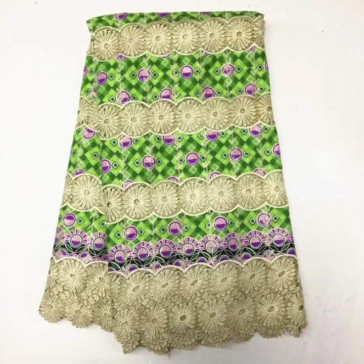 

5 Yards/PC Fashion khaki african water soluble lace embroidery with green cotton fabric for dress BW7-4