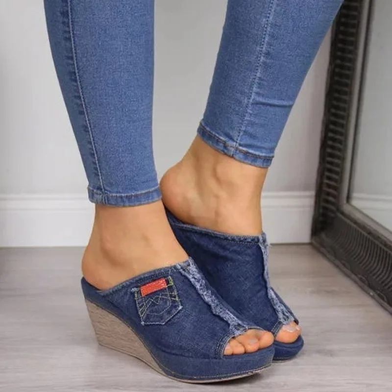 Slipper shoes women summer high heels sandals peep toe denim wedges fashion slipper shoes woman sapato feminino DD281