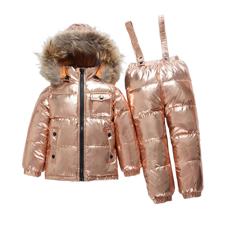 

2~6Y Baby Russian Down Winter Ski Clothing Set Real Fur Down Jacket for a Girl Snowsuit Boy Outwear Shiny Gold Champagne Silver
