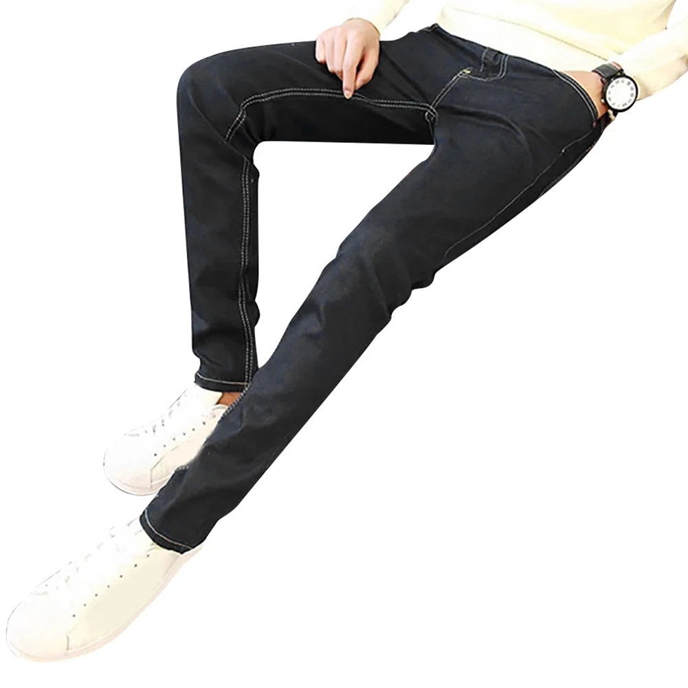 

New Solid Color Middle Waist Men's Casual Slim Fit Denim Jeans Long Pants Trousers