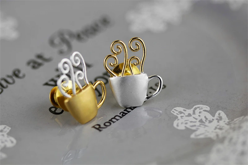 Lotus Fun настоящие 925 пробы серебряные дизайнерские ювелирные изделия ручной работы Прекрасные послеобеденные свидания кофейные чашки дизайнерские Броши для женщин
