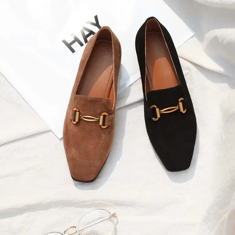 

Shoes Women 2019 Black Brown Suede Loafers Women Chic Square Toe Rubber Heel Girl Flats Slip On Ladies Mules With Metal Buckle