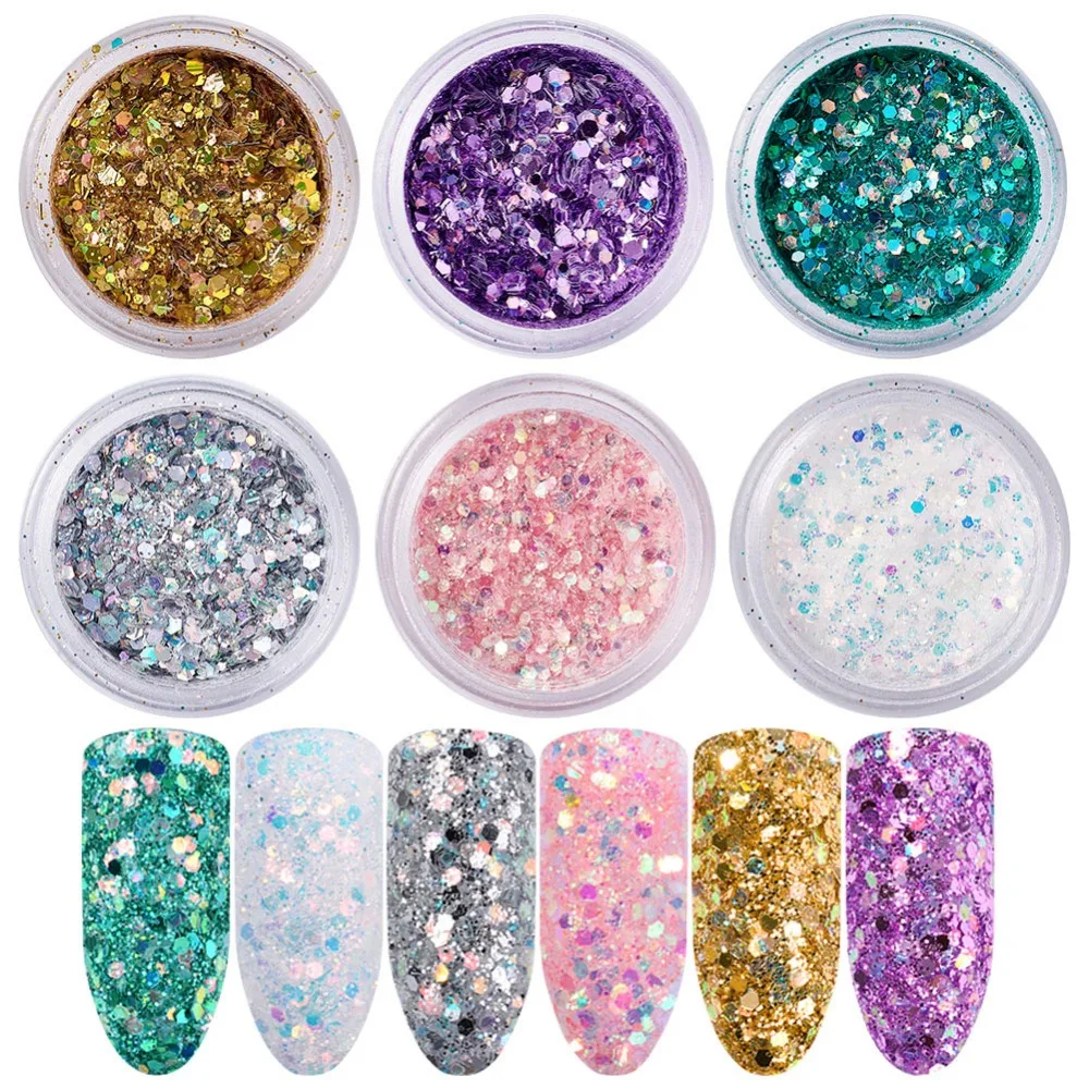 

6boxes/set Nail Art Glitter Sequins, Manicure Decorations dotting tool, Hexagon, AB Color, Mixed Color 28x14mm 6boxes/set