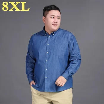 

plus size 8XL 7XL 6XL Jeans mens shirts Cotton Long sleeve Oxford Slim Camisa social 2019 Autumn Denim shirt men brand-clothing