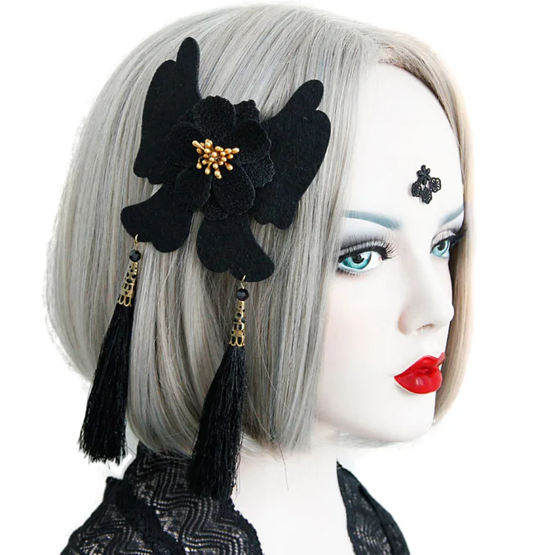 

Womens Girl Barrette Handmade Black Butterfly Flower Strings Tassel Hair Clip Pin Dangle Gothic Costume Party Cosplay Accessory