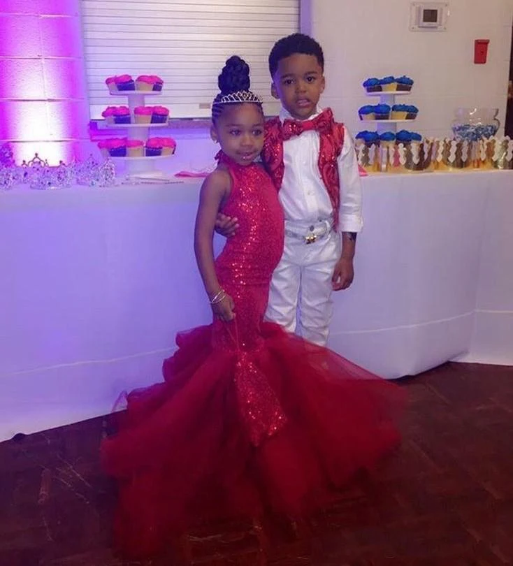 

Gorgeous Red Mermaid Girls Pageant Dresses Prom Gowns Sparkly Sequin Tulle South African Little Child Formal Party Dresses