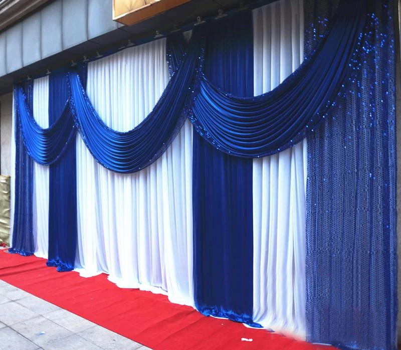 

3*6M Ice Slik Fabric Shiny Sequins Wedding Party Backdrop Curtain Event Banquet Background With Royal Blue Detachable Drapes