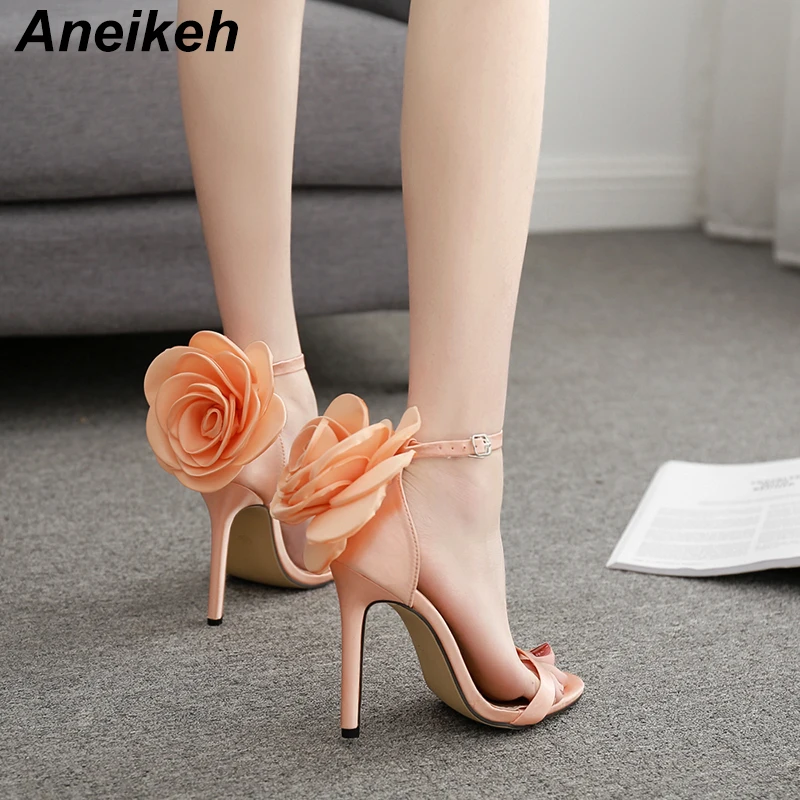 

Aneikeh 2019 New Satin Flower Sandals Summer Fashion Word Buckle With Stiletto Heels Shallow Mouth Pointed Toe Sandals Pink Heel