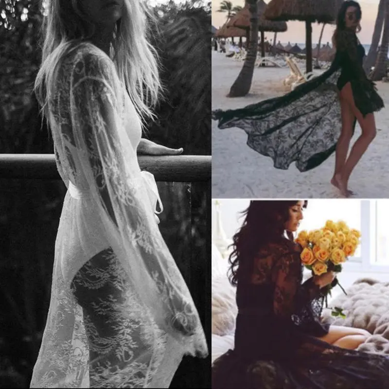 1 Pc Womens Long Sleeve Summer Sexy Sheer Eyelash Lace Kimono Cardigan Open Front Self-Tie Bikini Cover Up  Long Loose Beach