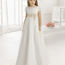 Винтажные Свадебные Платья с цветочным узором для девочек; платье для первого причастия из тюля с короткими рукавами и круглым вырезом; Пышное Платье