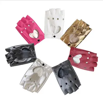 

Women Short Leather Heart-shaped Hollow Out Gloves Half Finger Fingerless Dance Stage Cycling Driving Mittens