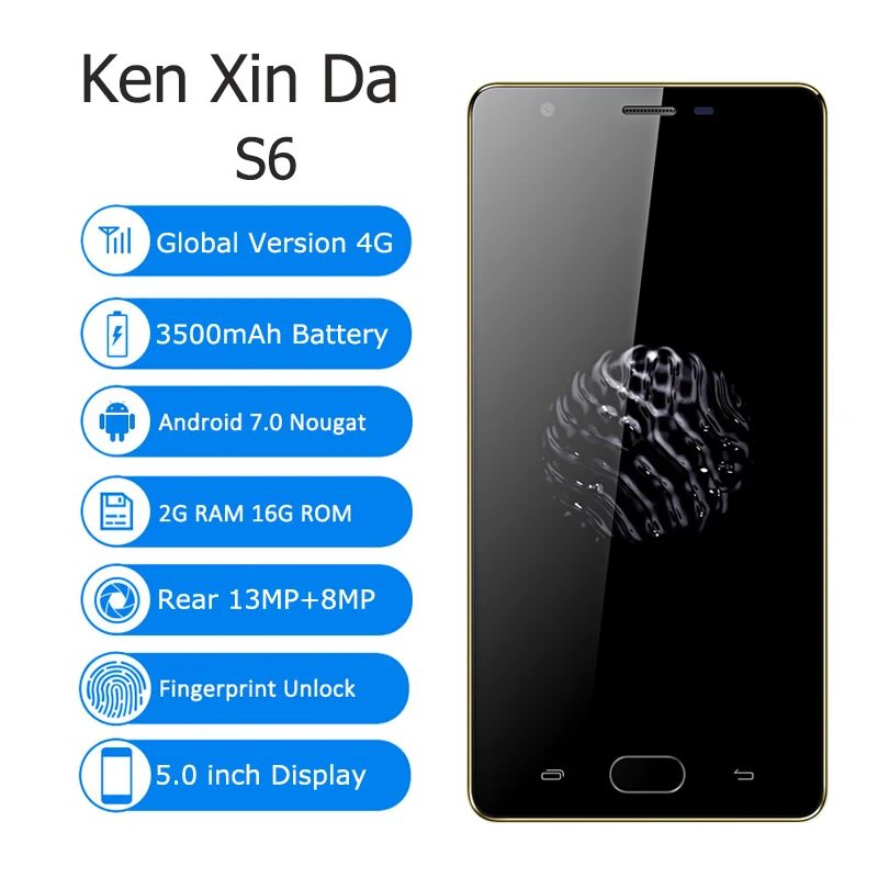 KenXinDa S6 Global 4G смартфон 5 0 дюймов отпечаток пальца Android 7 2 ГБ + 16 четырехъядерный