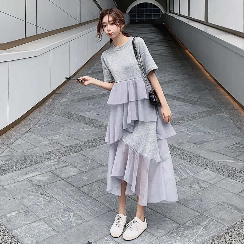 

LANMREM 2019 New Fashion Short Sleeve Mesh Patchwrok Irregular Summer Dress For Women Female's Korea Trendy Clothi Vestido YG798