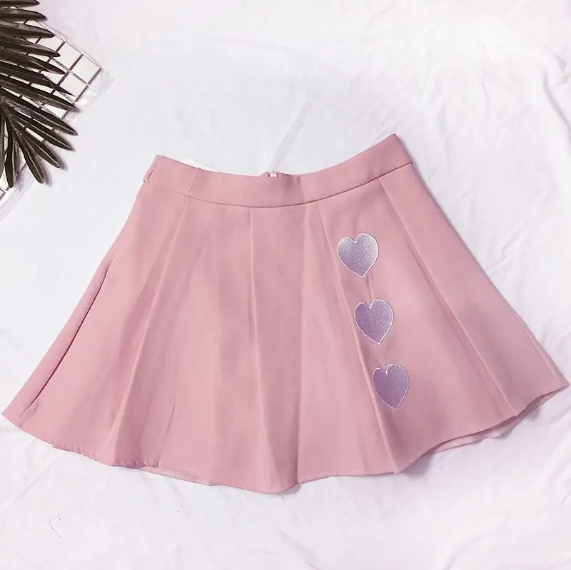 Новинка, женские летние юбки, милая плиссированная юбка с вышивкой в виде сердца, розовая/черная Милая юбка с высокой талией, SK802 - Цвет: Розовый