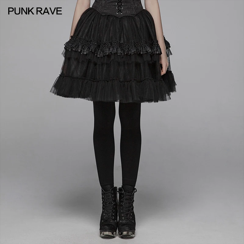 

PUNK RAVE Women's Lolita Multilayered Floral Mesh Bubble Black Short Half Skirt Goth Harajuku Lace Dark Skirts Women