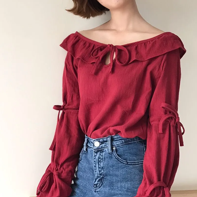 Summer Style Ruffles Sweet Casual Solid Color Lace Up Women Tops Wild Long Sleeve Tumblr Korean Tee Shirt Femme Spring TT2563 In T Shirts From Womens Summer Style Ruffles Sweet Casual Solid Color Lace Up Women Tops Wild Long Sleeve Tumblr Korean Tee Shirt Femme Spring TT2563 In T Shirts From Womens