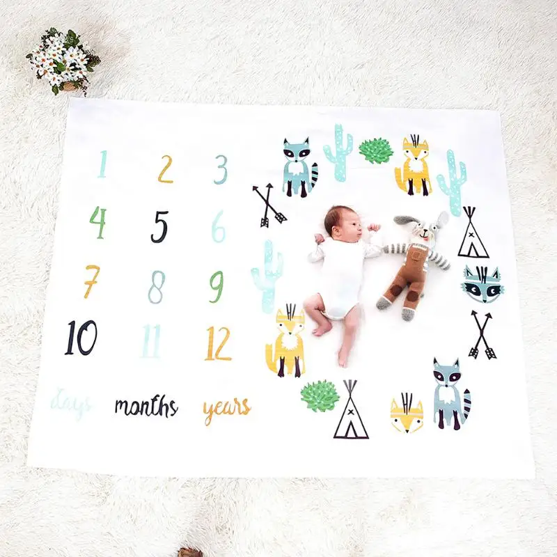cheap Baby Milestone Blankets Newborn Soft Warm Fox Print Toddlers Bed Swaddle Wrap Monthly Growth Number Photo Background Bath Towel
