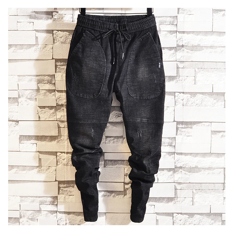 Idopy Spring New Men's Elastic Jeans Fashion Casual Hip Hop Loose Denim Jeans Black Blue Trousers Harem Pants Denim Joggers