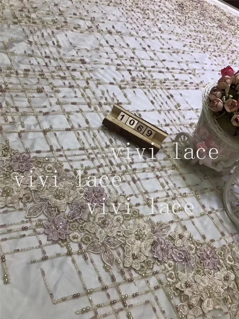 

5yards LNN1069 best quality pearls 3d applique luxury embroidery french mesh lace for wedding/evening dress/party.