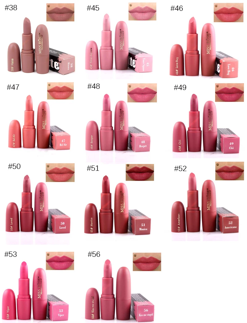 New MISS ROSE Lipstick Matte Waterproof Velvet Lip Stick 18 Colors Sexy Red Brown Pigments Makeup Matte Lipsticks Beauty Lips