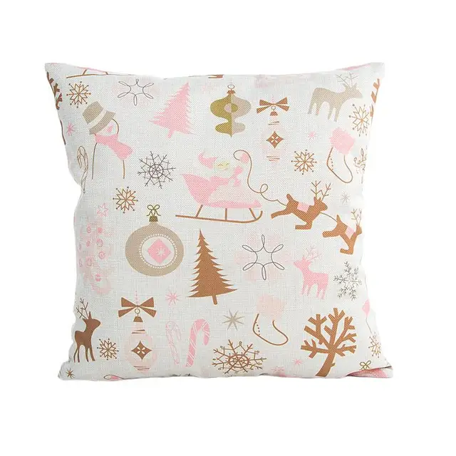 Pink Merry Christmas Decorative Pillow Case Linen Printed 18x18 Inches