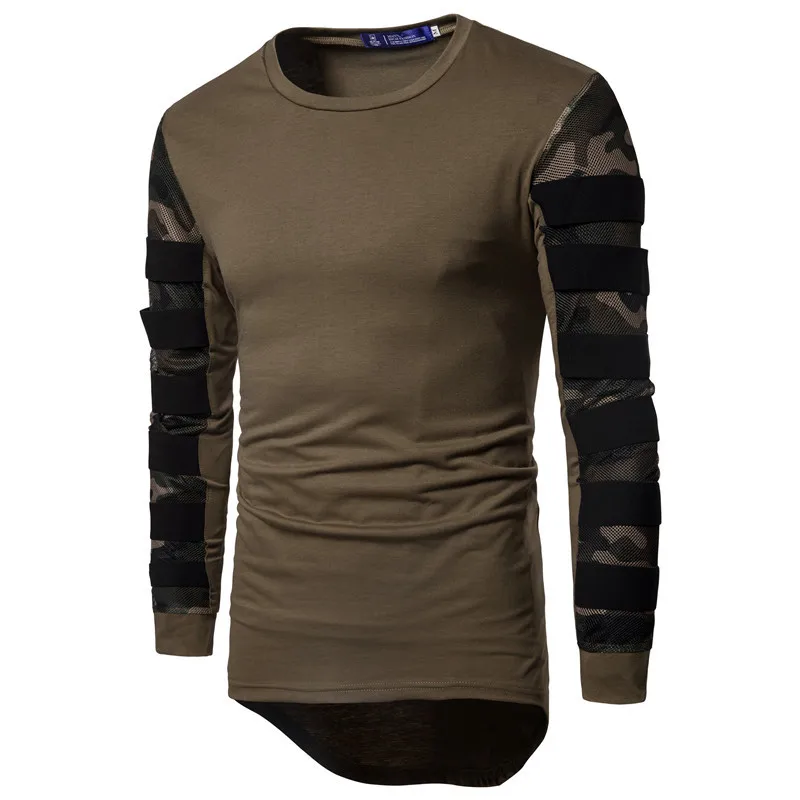 Brand New Camouflage Mesh Stitching T Shirt Men Longline Curved Hem Camo Streetwear Cotton Hip Hop
