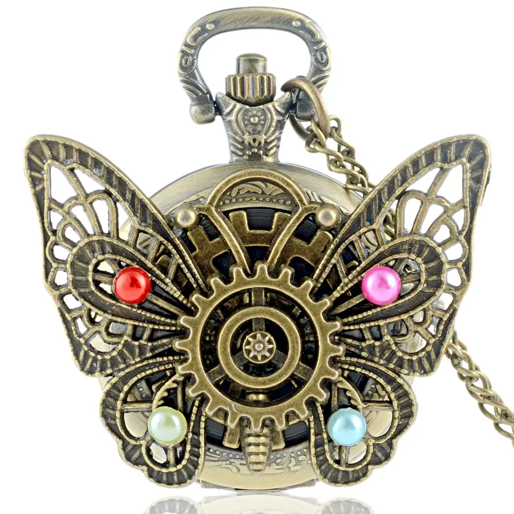 

Antique Bronze Quartz Pocket Watch With Chain Mens Women Watches Steampunk Butterfly Pendant Necklace Retro Clock Gift+Box