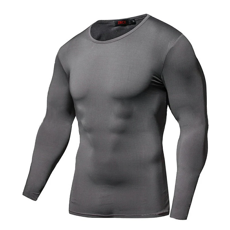 Мужские футболки для бега, компрессионная футболка для фитнеса, облегающая футболка с длинным рукавом для занятий тяжелой атлетикой, бодибилдингом, спортивные футболки для мужчин - Цвет: grey