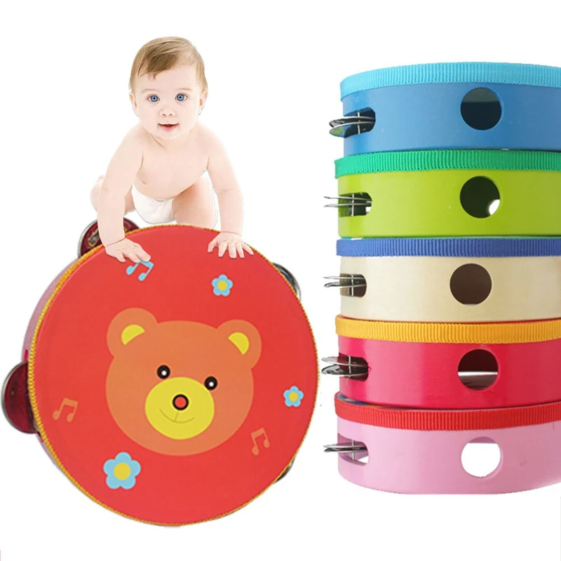 Baby Cartoon Wooden Hand Drum Toys Musical Bell Drum Kids Early Educational Grasping Toy Beat Instrument Handbell Baby Good Gift