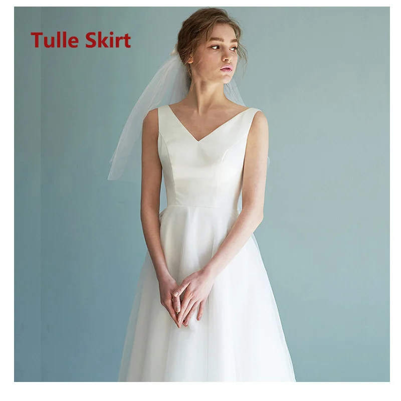 Короткие атласные свадебные платья с v-образным вырезом и бантом длиной до чая, свадебные платья, свадебное пляжное платье, vestido de noiva