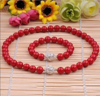 

NEW 8MM RED CORAL SOUTH SEA SHELL PEARL NECKLACE BRACELET JEWELRY SET 18''