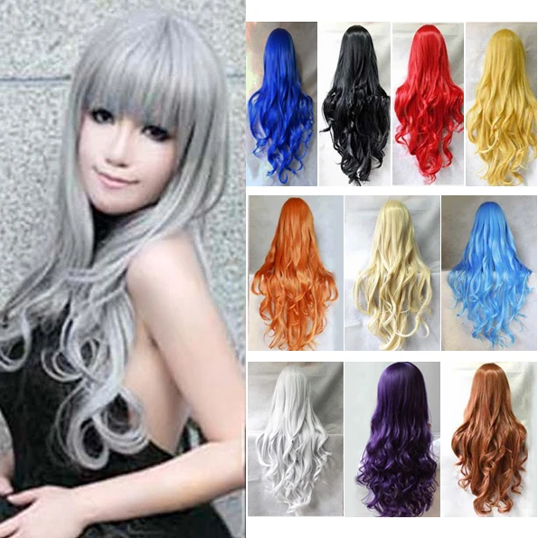 80cm Cosplay WigsFull Head Long Wavy Synthetic Wigs  Blue Black White Red Purple Wigs