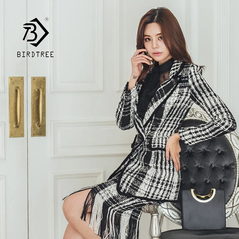 

2019 Autumn New Women's Blazer Skirt Suit Plaid Tassel Design Notched Double-breasted Full Sleeve Fashion OL Style Tops S96925D