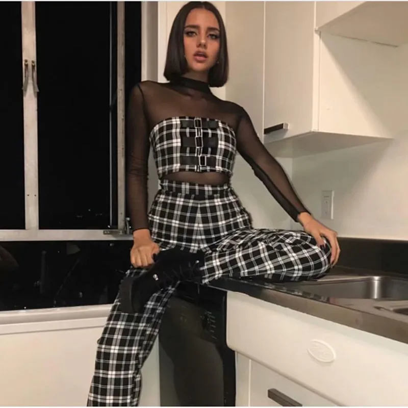 

Unique 2 Piece Checkboard Pants Pantalon Tops Set Suits Vintage Women Side Stripe Trousers Houndstooth Bustier Zipper Strapless