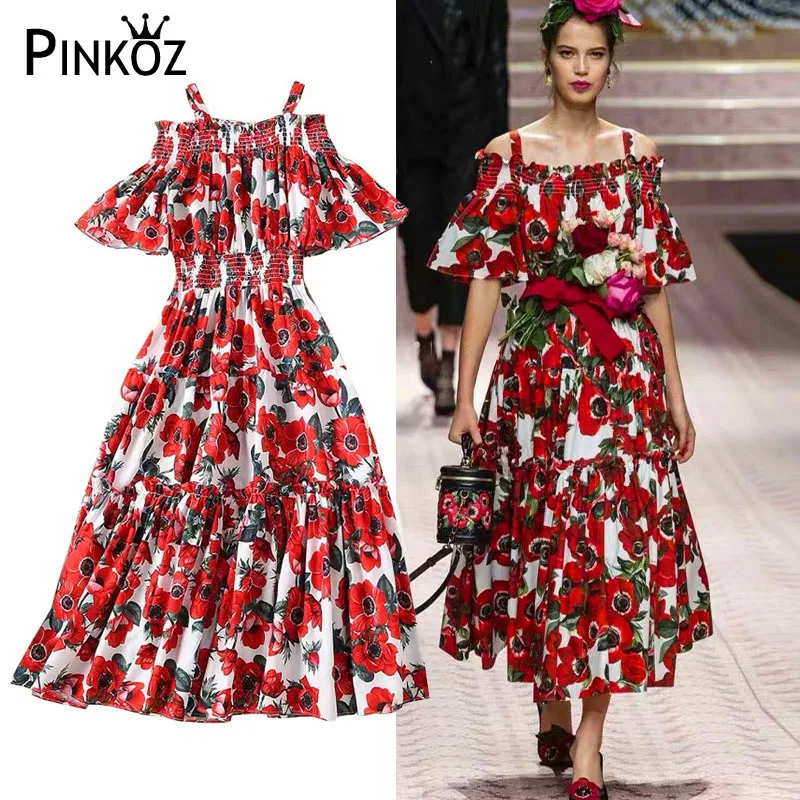 

Pinkoz Slash neck Sexy Off Shoulder Short Sleeve Floral Print Maxi Boho Beach Party Dress