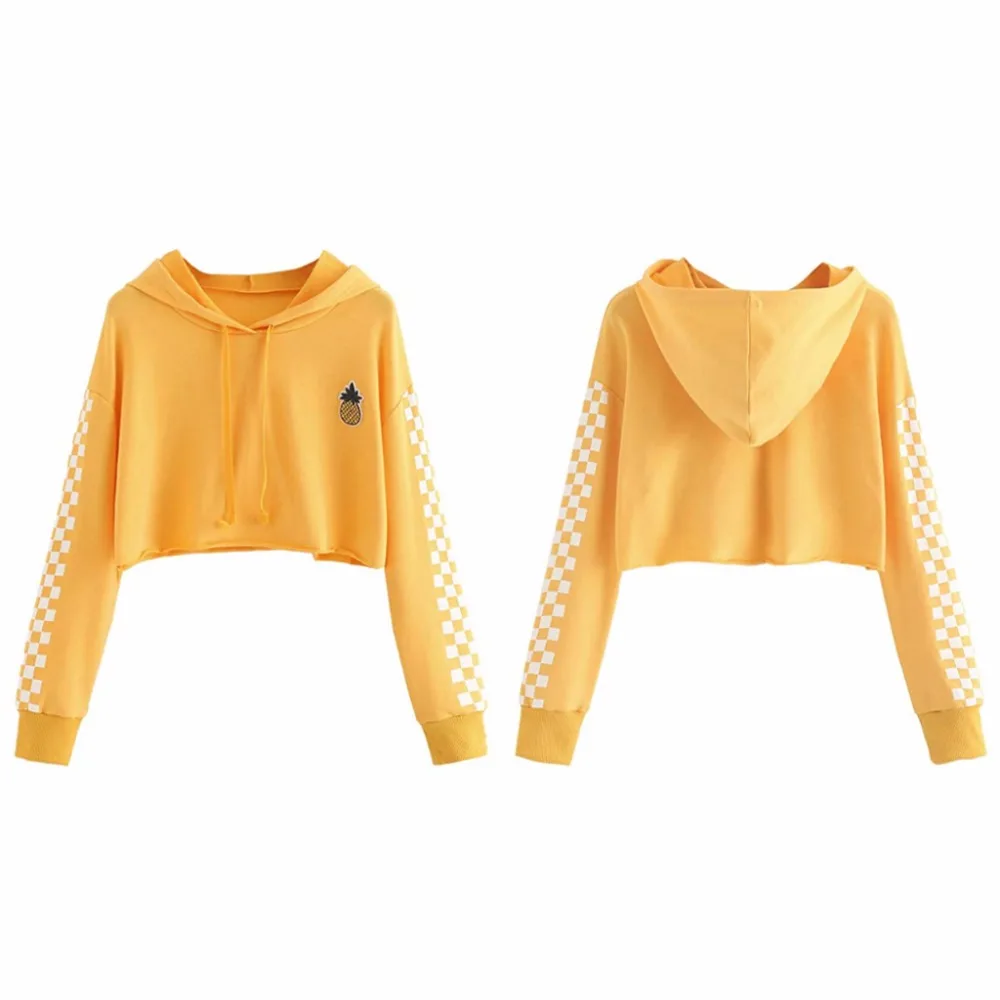 LoXTong Women Hoodies Crop Tops Sweatshirt Pineapple Embroidery Gingham Plaid Hoodies Pullover