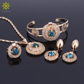 

New Bridal 3Color Crystal Jewelry Sets Wedding Accessories Gold Color African Beads Costume Necklace Earrings Bracelet Ring