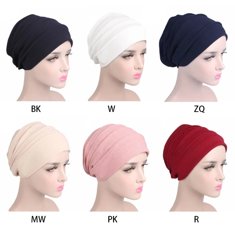

Fashion New Women Cotton Sleep Cap Cancer Beanie Muslim Turban Hair Loss Chemo Hat Pleated for Lady Female 6 Colors