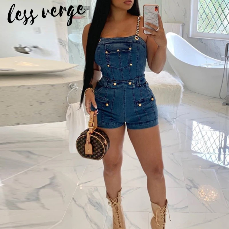 Lessverge Fitness синий джинсовый комбинезон женский на пуговице облегающий