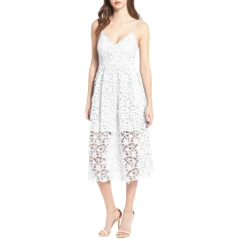 

Women fashion Summer Beach Party Floral Lace V Neck Backless Spaghetti Strap Midi Dress