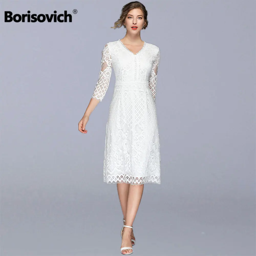 Женское длинное кружевное платье Borisovich белое Повседневное трапециевидной формы