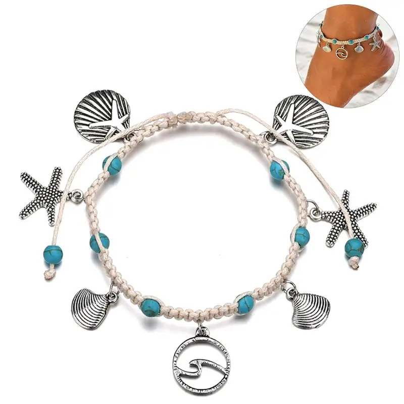 Bohemian Style Starfish Shell Beads Ankle Bracelet Leg Chain Fashion Round Anklet Vintage Jewelry Accessories For Beach Travel