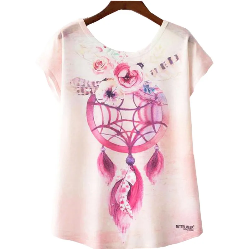

zuolunouba 2018 summer fashion Dreamcatcher print short-sleeved loose women t shirt flower girl tees tops