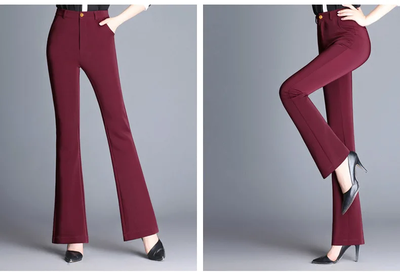 Новые женские длинные прямые брюки для девочек Высокая талия эластичный коричневый красные, черные женские брюки клёш одноцветное Цвет