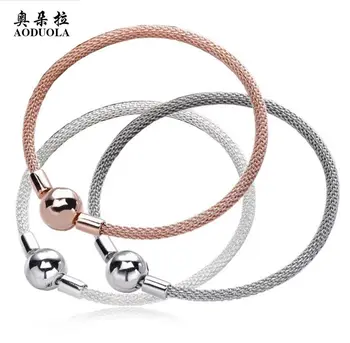 

AODUOLA NEW Popular Genuine 100% 925 Sterling Silver & Rose & White-K Round Clip Bangle Luxury Jewelry For Women Girls GIFT