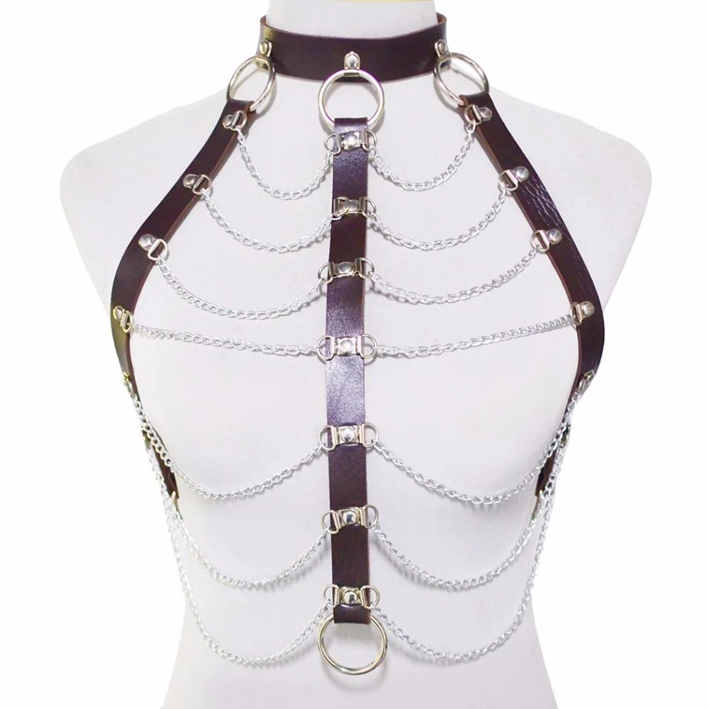 

Women Punk Black Brown Leather Harness Harajuku sexy Bra Studded Rivet silver Chain Handmade Body Bondage belt girl Chest Belt
