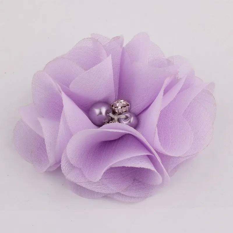 120 шт " 35 цветов милые шикарные шифоновые цветы со стразами жемчуг тканевый цветок для волос с зажимами для девочек аксессуары для волос - Цвет: lavender